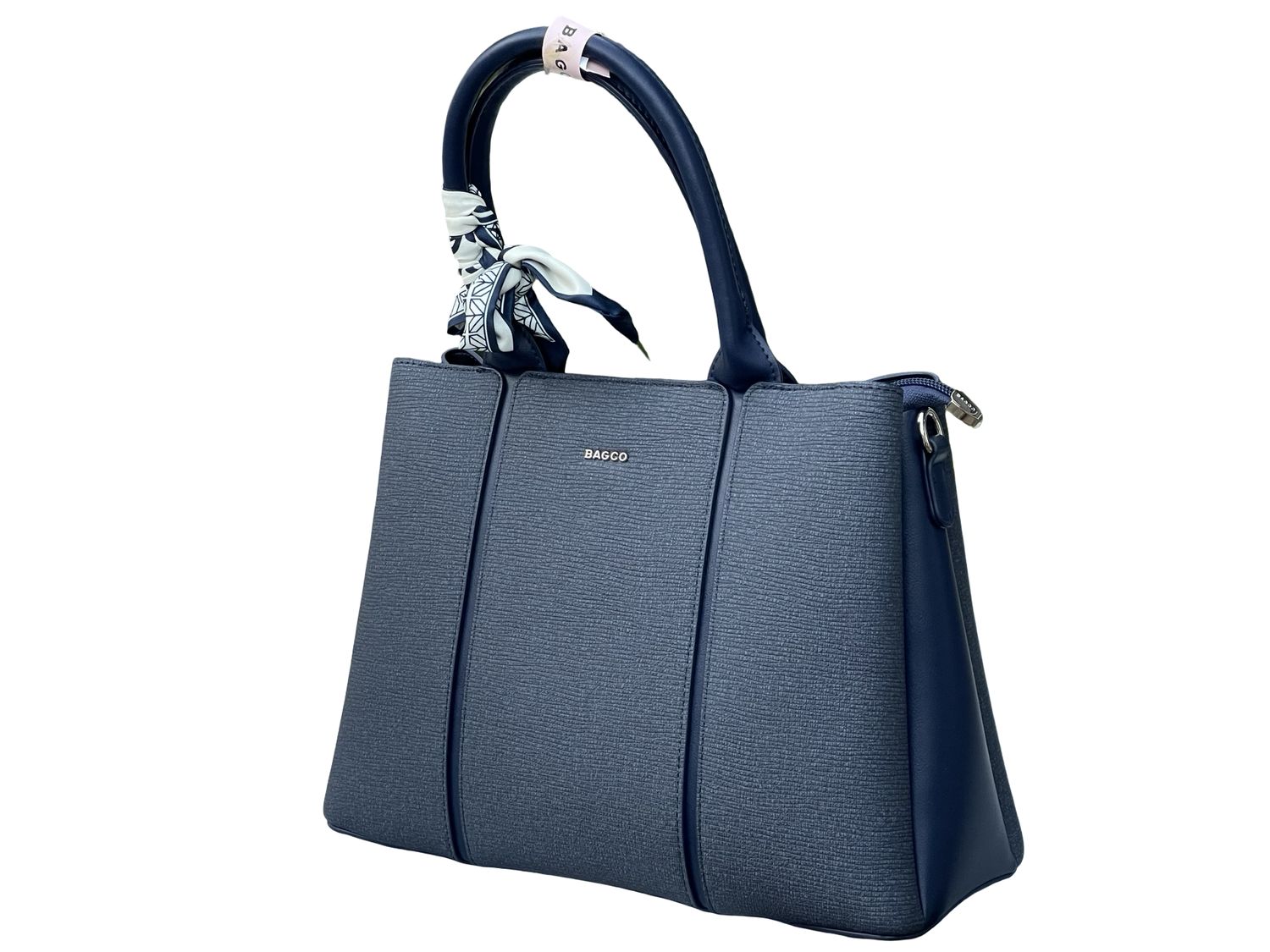 BAGCO  Woven Panel Structured Tote with Silk Accent – Blue