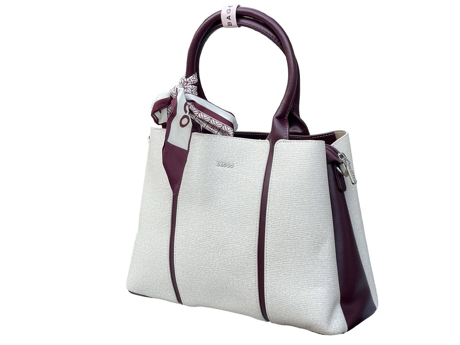 BAGCO  Woven Panel Structured Tote with Silk Accent – White