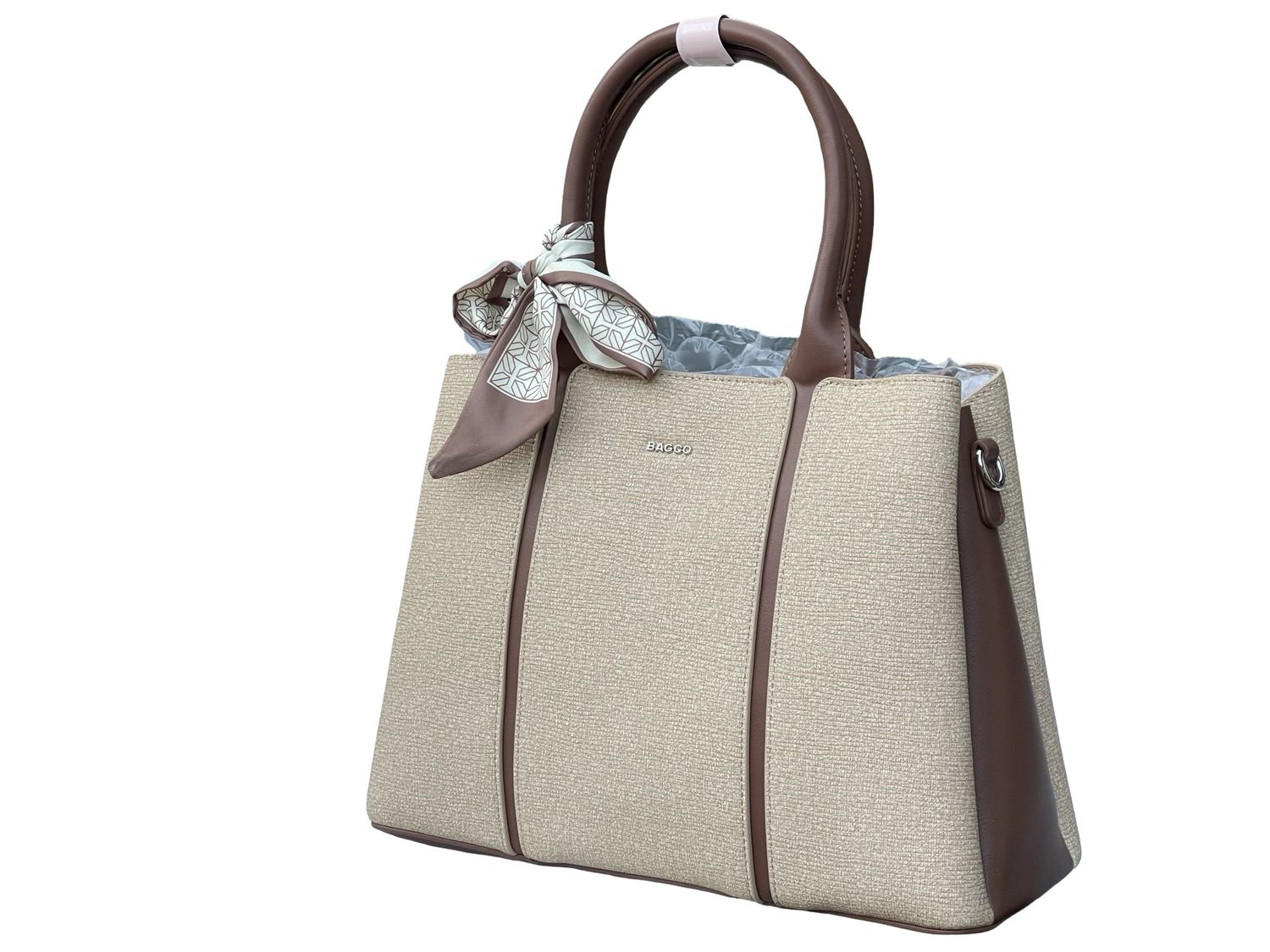 BAGCO  Woven Panel Structured Tote with Silk Accent –  Sand &amp; Chestnut