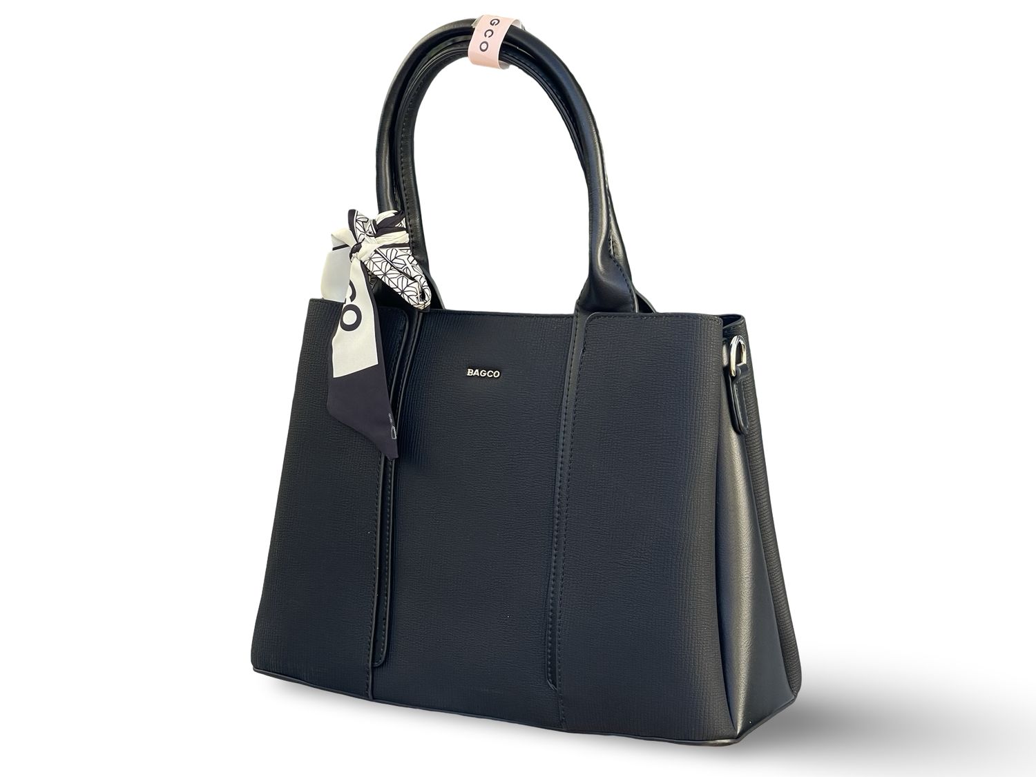 BAGCO  Woven Panel Structured Tote with Silk Accent –  Black Handbag