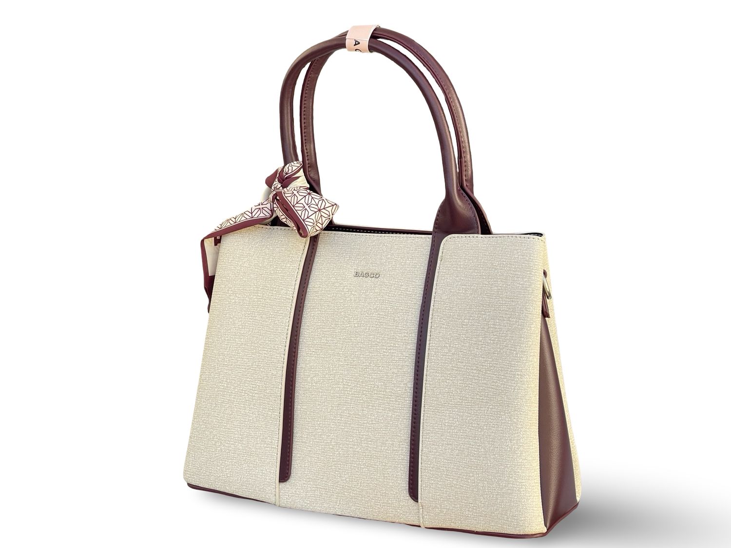 BAGCO  Woven Panel Structured Tote with Silk Accent –  Off-White Handbag