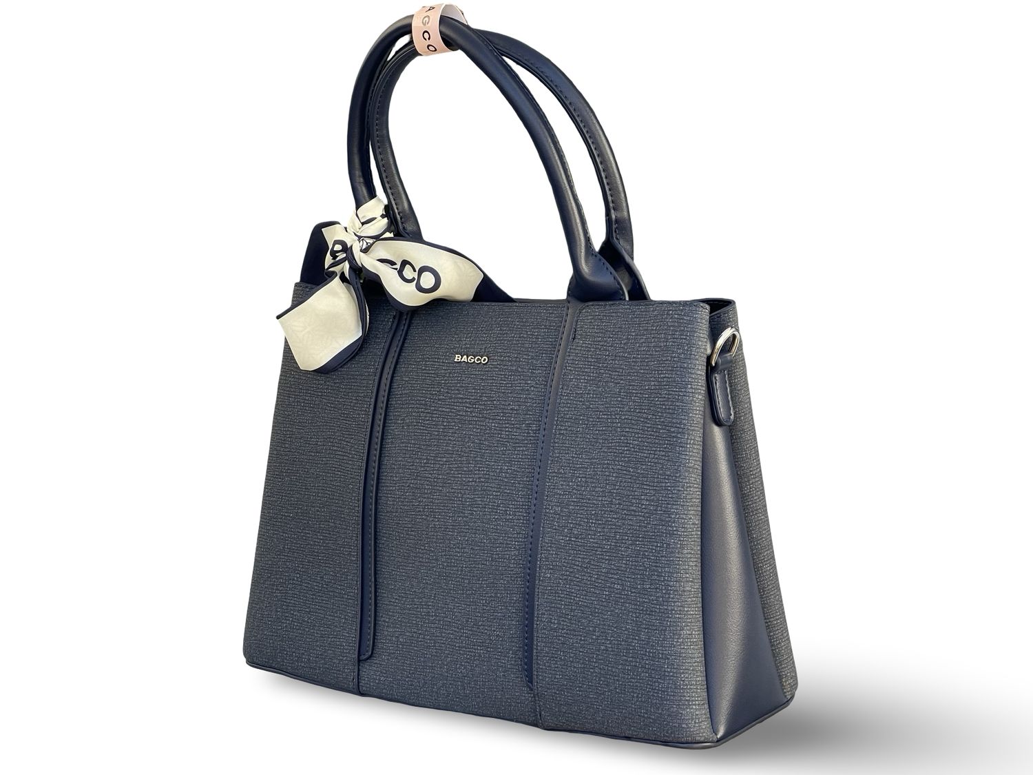 BAGCO  Woven Panel Structured Tote with Silk Accent –  Navy Blue Handbag