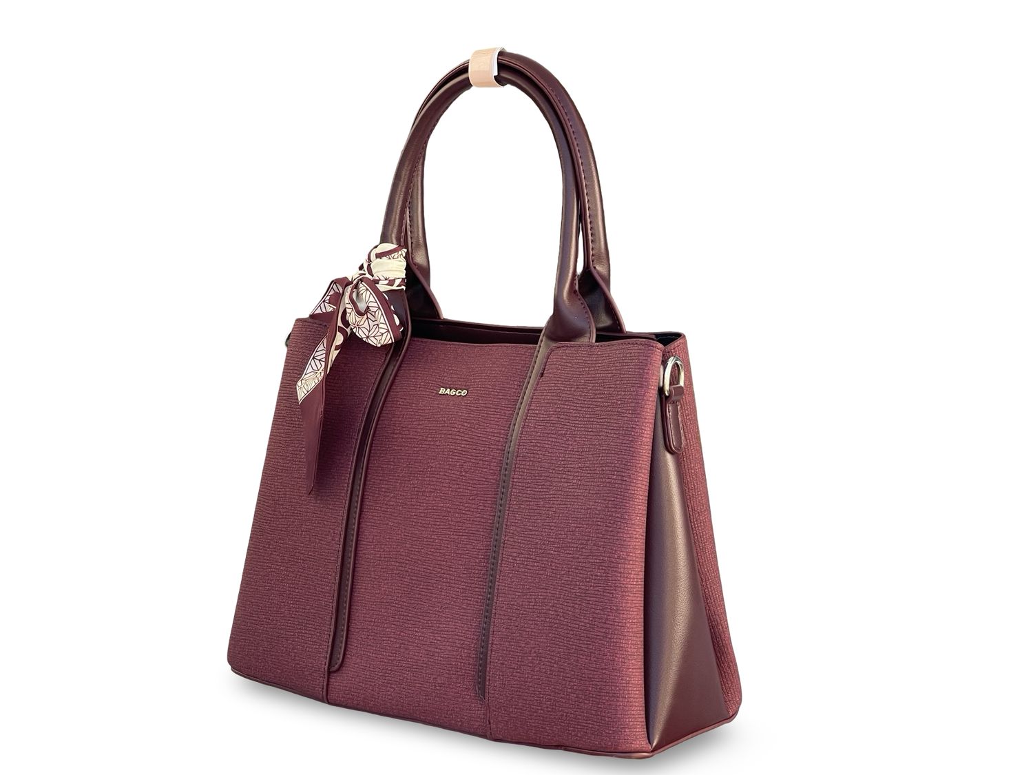 BAGCO  Woven Panel Structured Tote with Silk Accent –  Burgundy Handbag