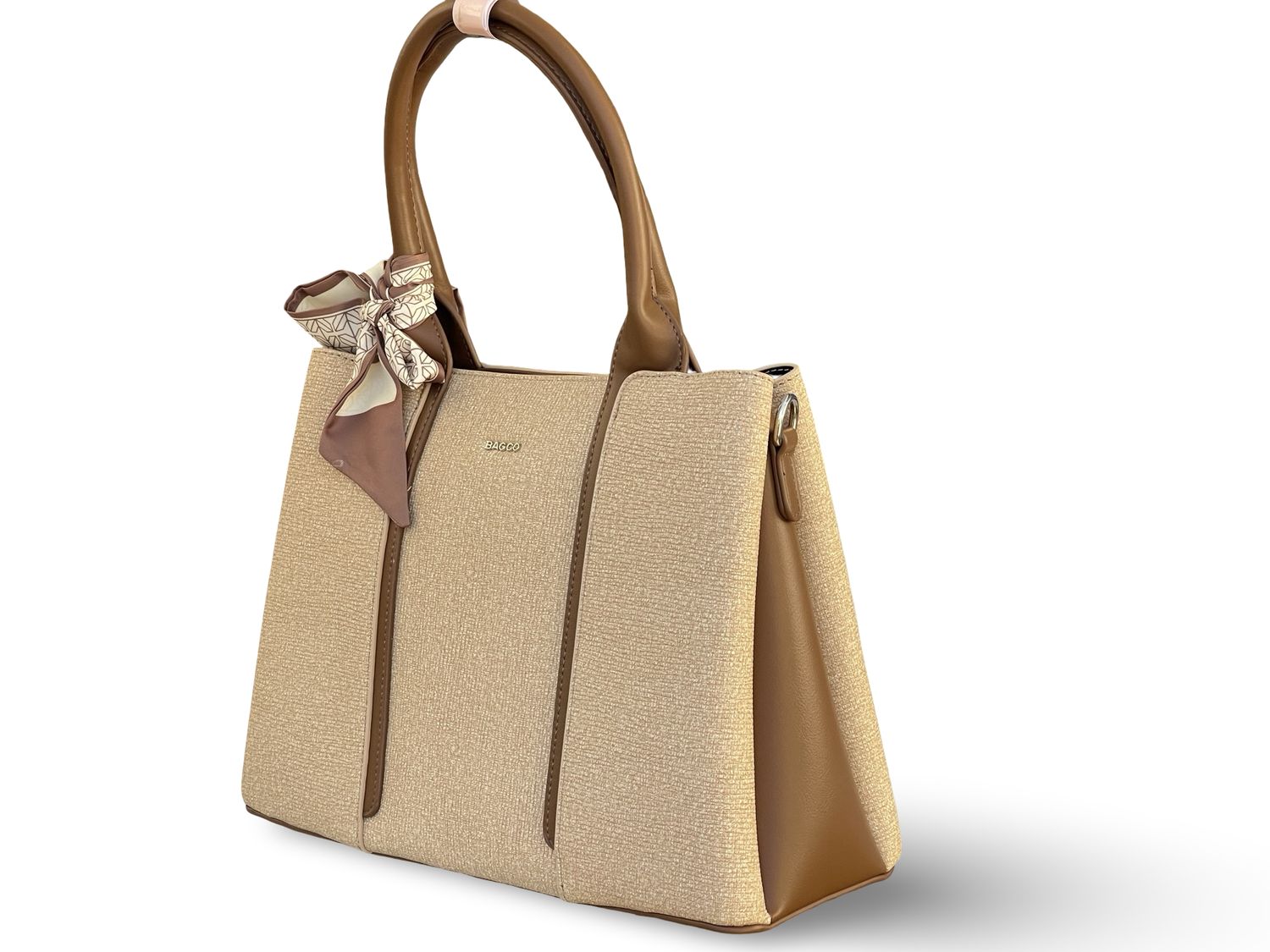BAGCO  Woven Panel Structured Tote with Silk Accent –  Brown Handbag