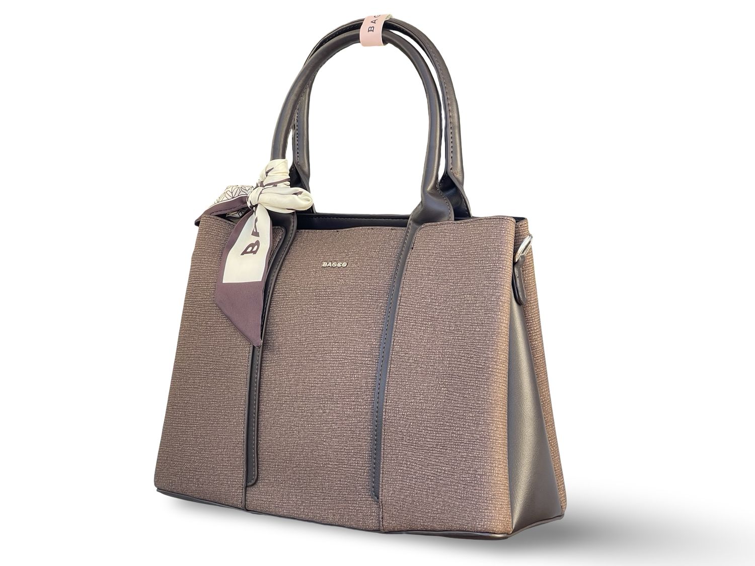 BAGCO  Woven Panel Structured Tote with Silk Accent –  Dark Coffee Handbag