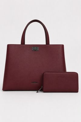 Spacious CHRISBELLA Burgundy Laptop Tote Handbag & Wallet Set