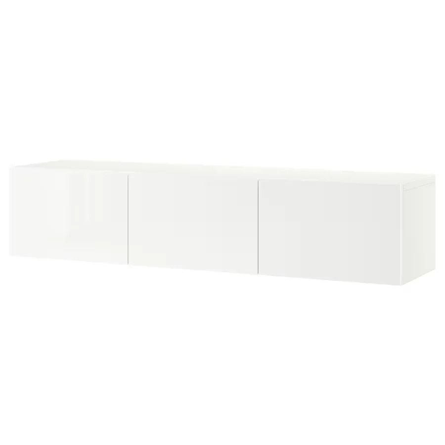BESTA TV bench with doors, White/Selsviken high-gloss/white, 180x42x38cm