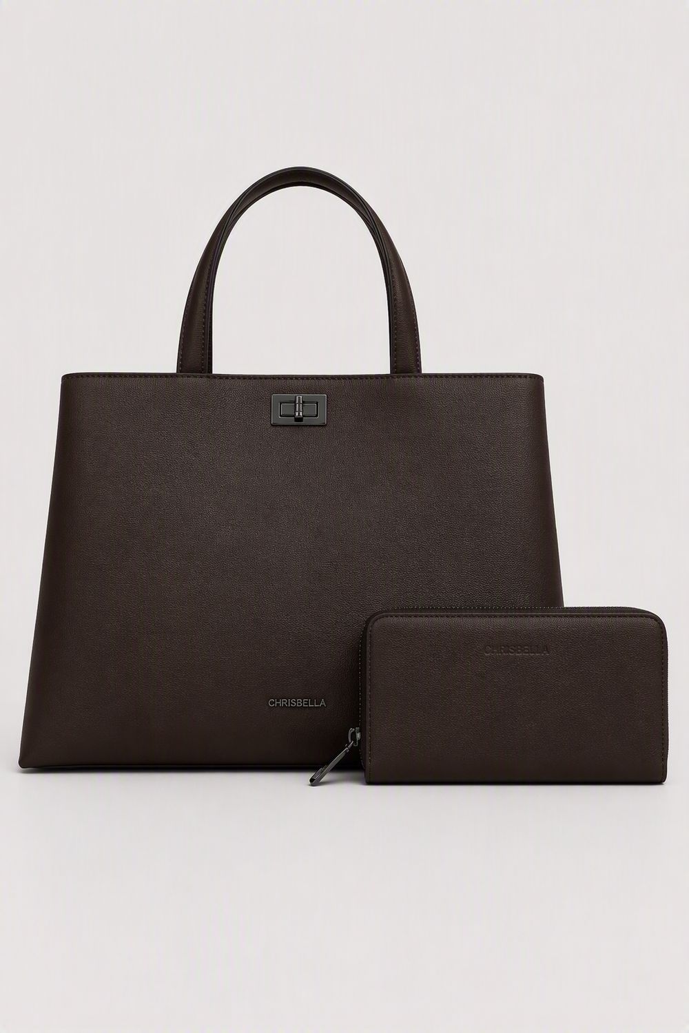 Spacious CHRISBELLA Dark Coffee Laptop Tote Handbag &amp; Wallet Set