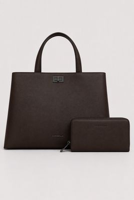Spacious CHRISBELLA Dark Coffee Laptop Tote Handbag & Wallet Set