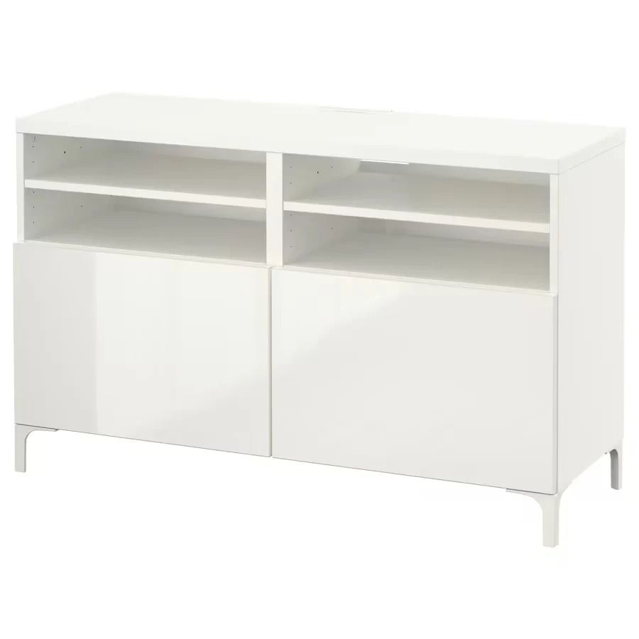 BESTA TV bench with doors, white/Selsviken/Nannarp high-gloss/white, 120x42x74cm