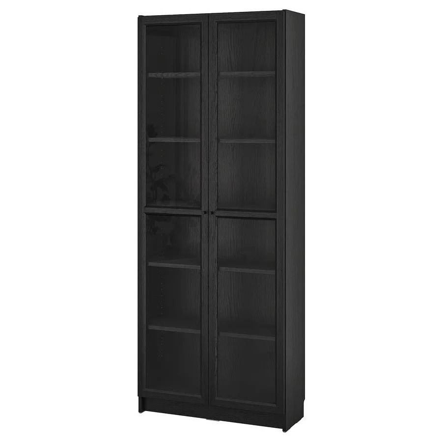 BILLY / OXBERG Bookcase with glass doors, Black oak effect, 80x30x202cm