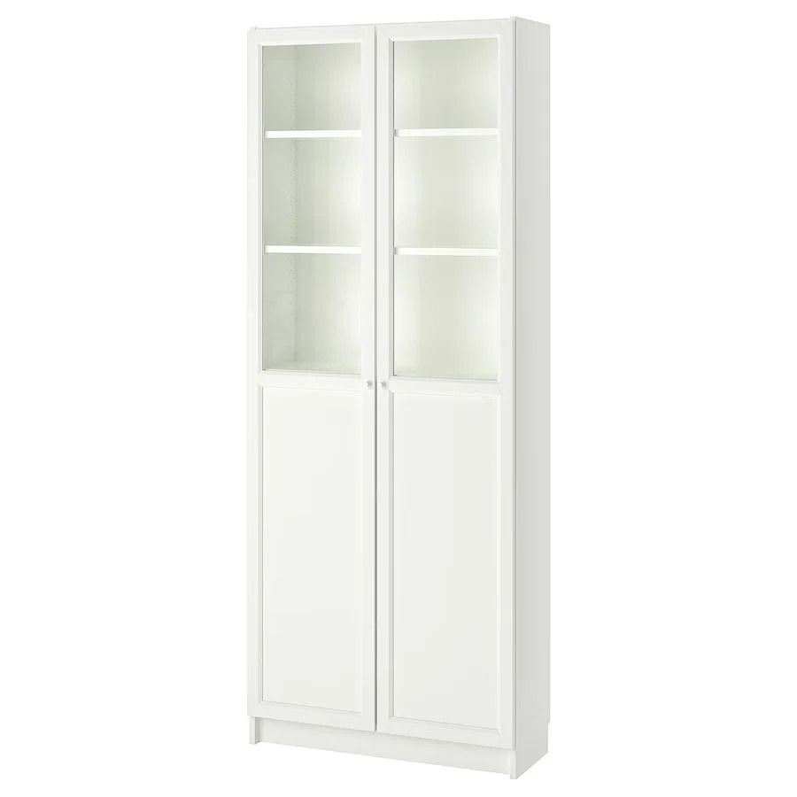 BILLY / OXBERG Bookcase with panel/glass doors, White, 80x30x202cm