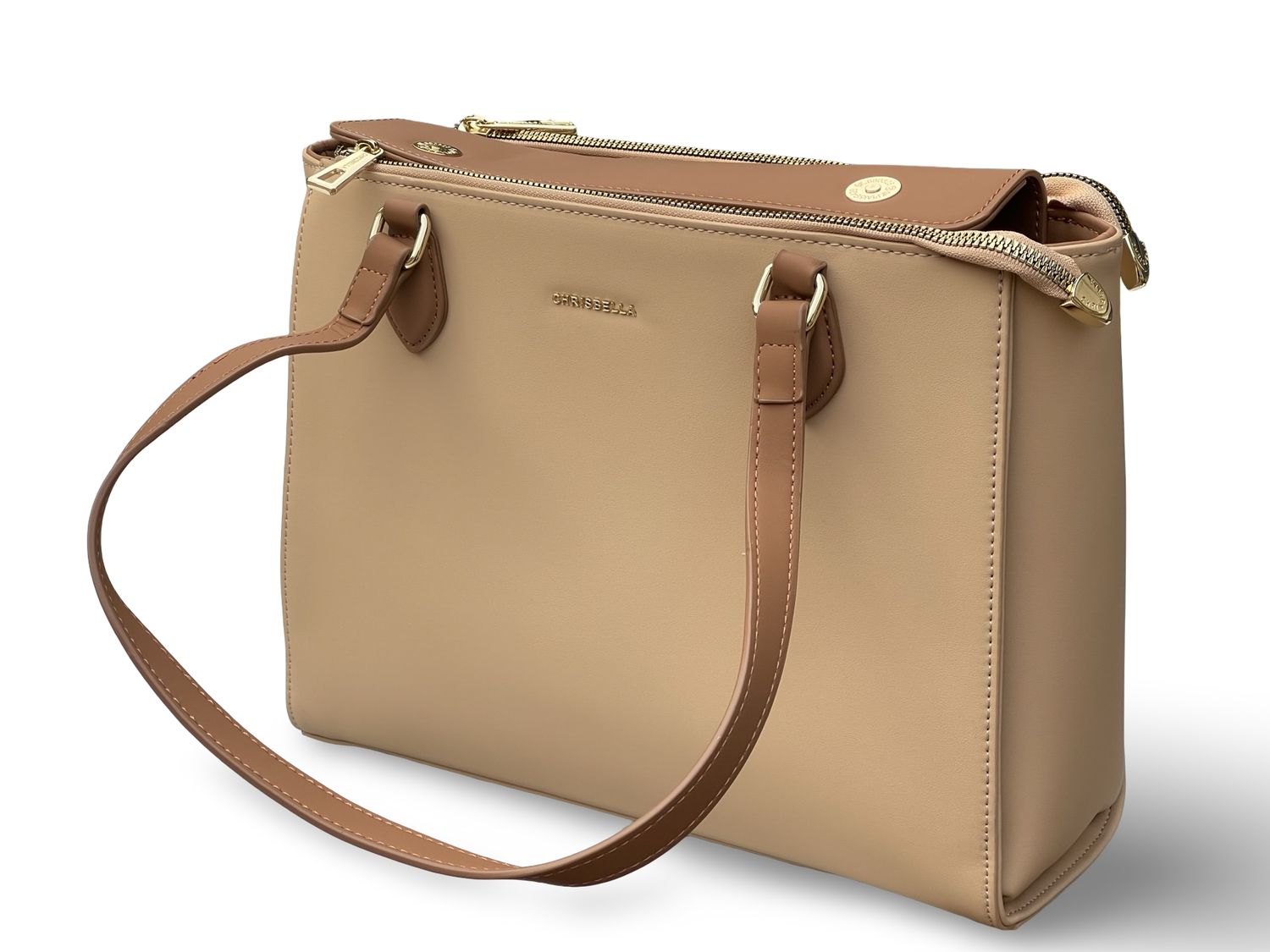 Chrisbella Structured Multi-Compartment  Beige Tote Bag