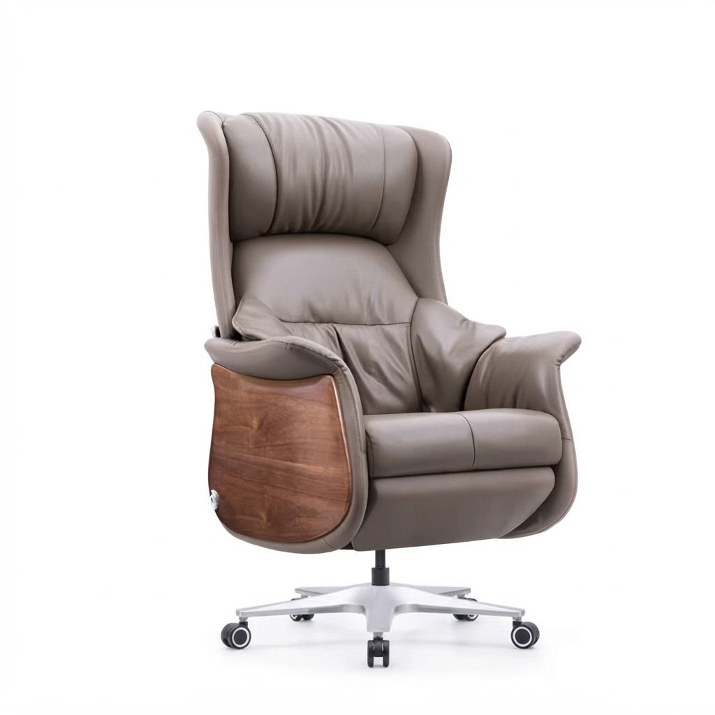 Executive Leather Recliner Chair with Wooden Accents &amp; Wheels