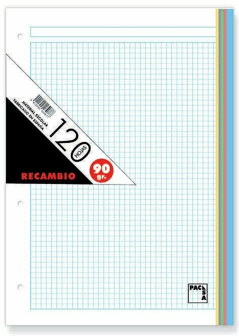 Recambio Archivador - Tamaño A4 - 90 gramos - Cuadros 5 MM - Colores Surtidos