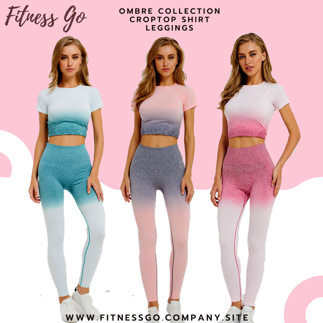2PC OMBRE SET Crop-Top Sports Shirt+ High-waist Leggings
