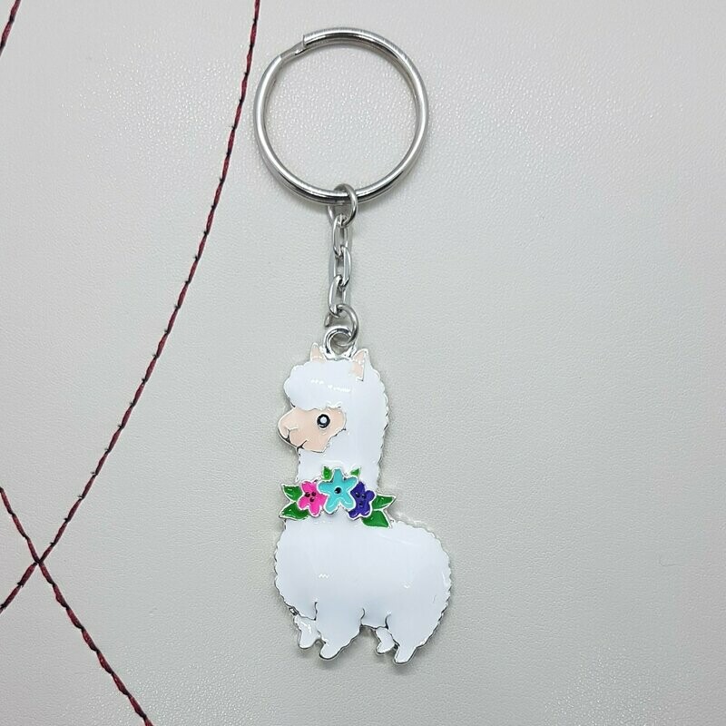 Llama Alpaca White Enamel Keyring