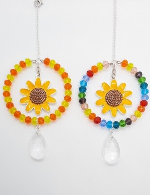 Rainbow Round Sun Catcher With Large Sunflower Charm. Choose Your Colour Beads