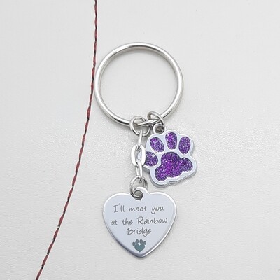 I'll Meet You At The Rainbow Bridge Keyring. Purple Paw Dog Cat Pet Memorial Gift