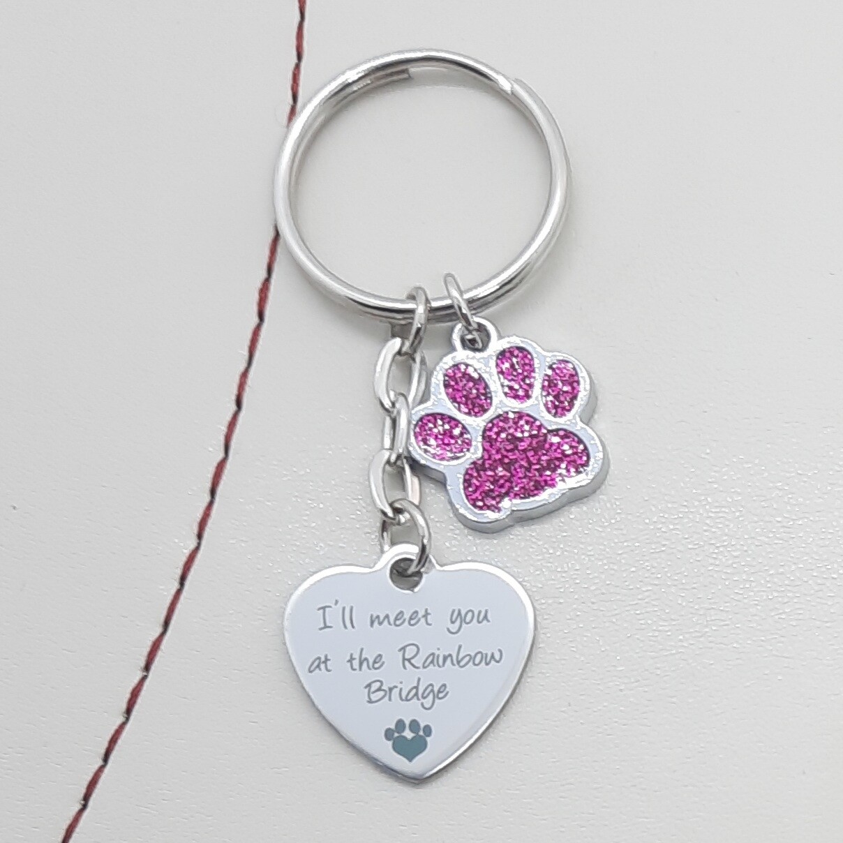I'll Meet You At The Rainbow Bridge Keyring. Pink Paw Dog Cat Pet Memorial Gift