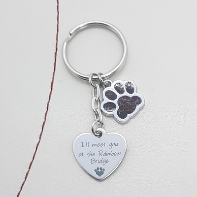 I'll Meet You At The Rainbow Bridge Keyring. Black Paw Dog Cat Pet Memorial Gift