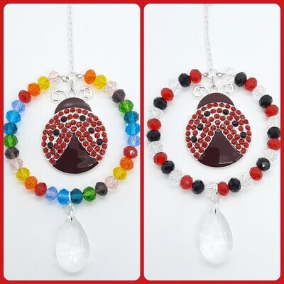 Rainbow Round Sun Catcher With Large Ladybird Charm. Choose Your Colour Beads