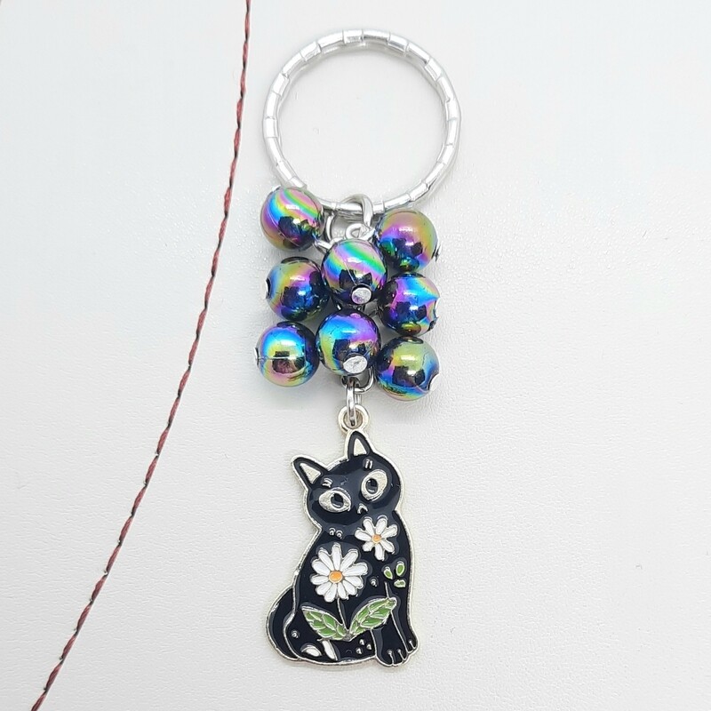 Black Cat Flower Beaded Keyring.