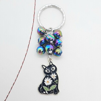 Black Cat Flower Beaded Keyring.
