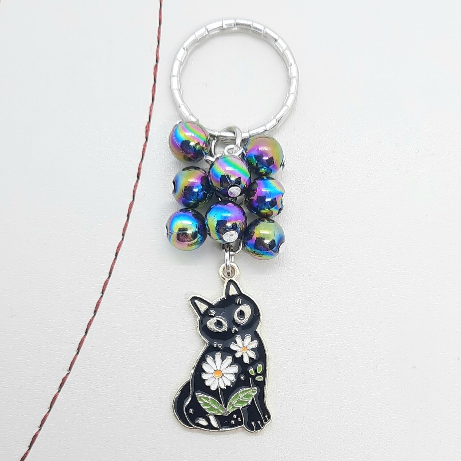 Black Cat Flower Beaded Keyring.