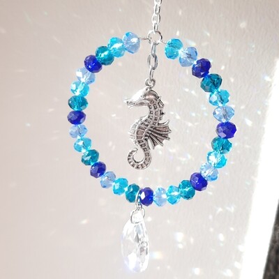 Seahorse sun catcher rainbow or blue beads 