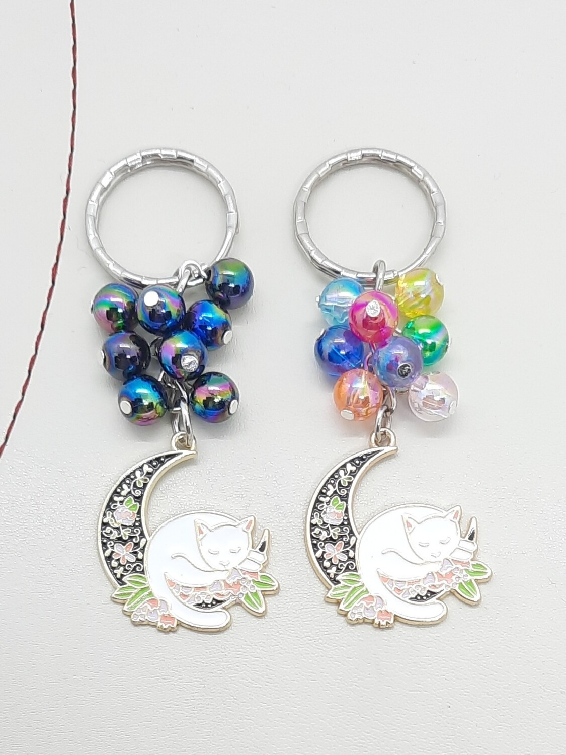 Cat Moon Beaded Keyring. Black or Rainbow Beads