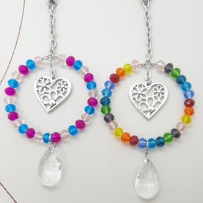 Heart Round Sun Catcher Pink and Aqua or Rainbow Beads