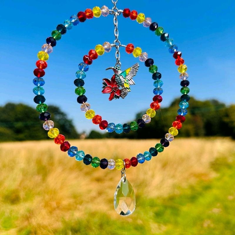 Hummingbird Sun Catcher, Handmade Rainbow Beads