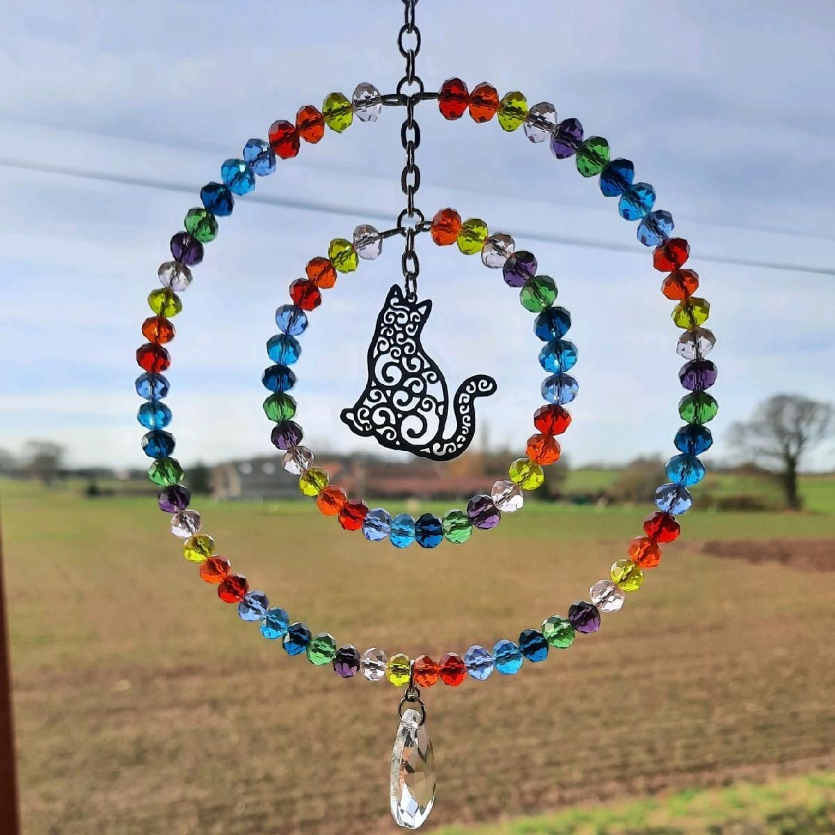 Black Cat Rainbow Round Sun Catcher Good Luck Charm