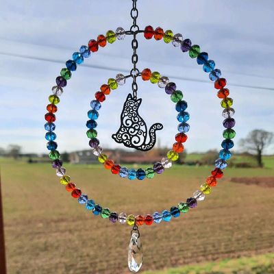 Black Cat Rainbow Round Sun Catcher Good Luck Charm