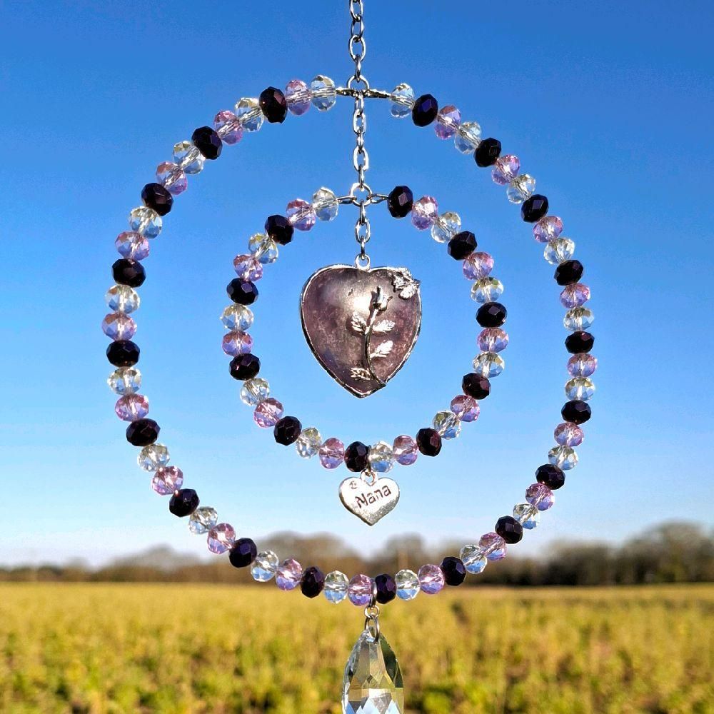 Mothers Day Amethyst Heart Rose Flower Sun Catcher With Your Choice Of Heart