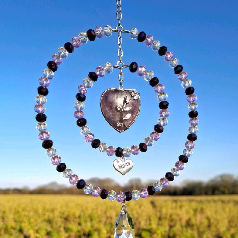 Mothers Day Amethyst Heart Rose Flower Sun Catcher With Your Choice Of Heart