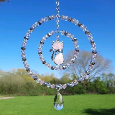 Rose Quartz Cat Sun Catcher Natural Crystal Available In Two Sizes