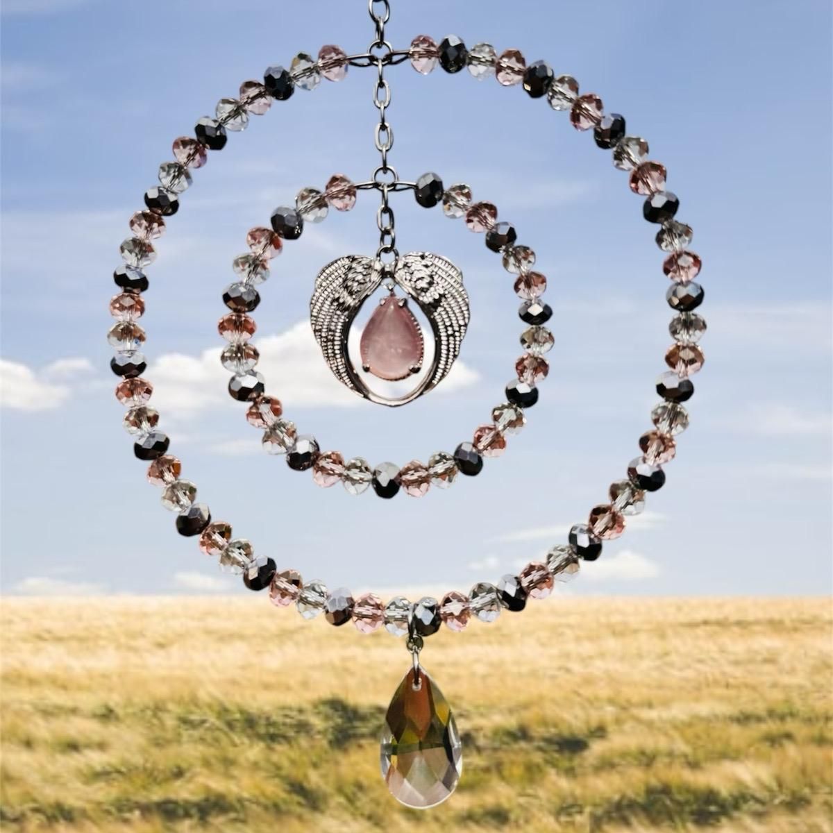 Rose Quartz Angel Wing Sun Catcher  Available In Two Sizes