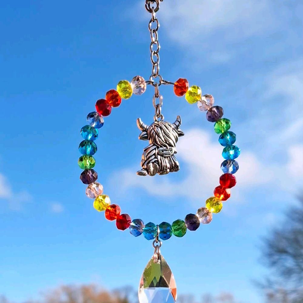 Rainbow Highland Cow Sun Catcher Available In Two Sizes
