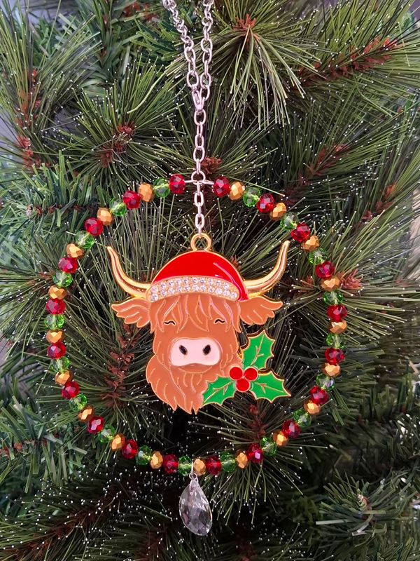Highland Cow Holly Christmas Tree Decoration or Sun Catcher
