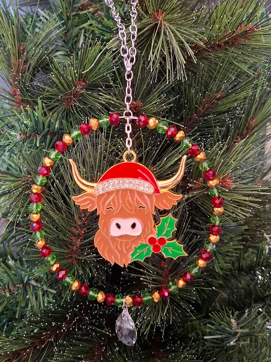 Highland Cow Holly Christmas Tree Decoration or Sun Catcher