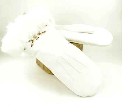 Ladies Half-Length White Leather Mitts with Fur & Beadwork