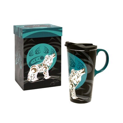 Boxed Travel Mug - Howling Wolf by Darrell Thorne