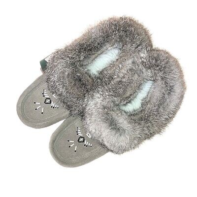 Fur Trimmed Moccasin with Sole - Grey