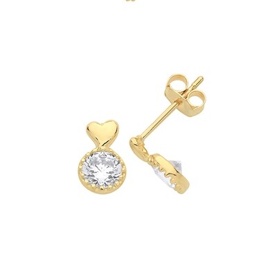 9ct Yellow Gold Heart & CZ Circle Stud Earrings