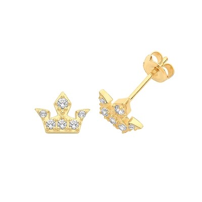 9ct Yellow Gold Crown CZ Stud Earrings