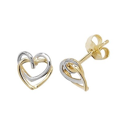 9ct Yellow / White Gold Interlocking Heart Stud Earrings