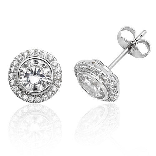 Rhodium Plated Silver Bezel Set Halo Style Round CZ Stud Earrings