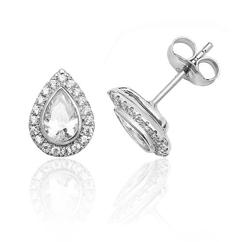 Rhodium Plated Silver Bezel Set Halo Style Pear CZ Stud Earrings